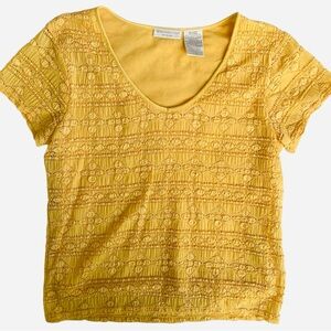 Worthington Sunburst Yellow Lace-Overlay Short Sleeve Tee